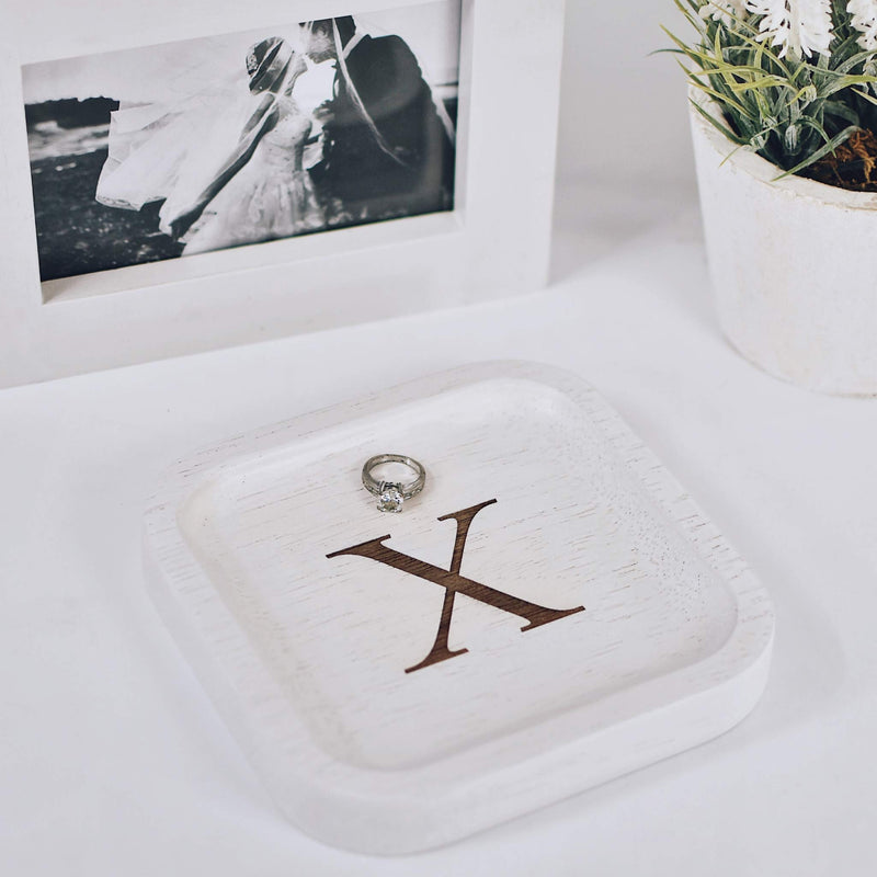 [Australia] - Solid Wood Personalized Initial Letter Jewelry Display Tray Decorative Trinket Dish Gifts For Rings Earrings Necklaces Bracelet Watch Holder (6"x6" Sq White "X") 6"x6" Sq White "X" 