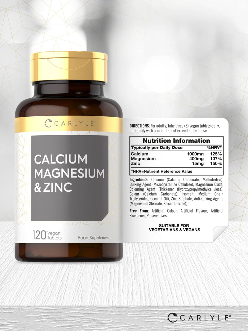 [Australia] - Calcium, Magnesium & Zinc Complex | 120 Vegan Tablets | Healthy Bones, Teeth & Muscle | Multimineral Osteo Supplement for Adults | High Strength | by Carlyle 