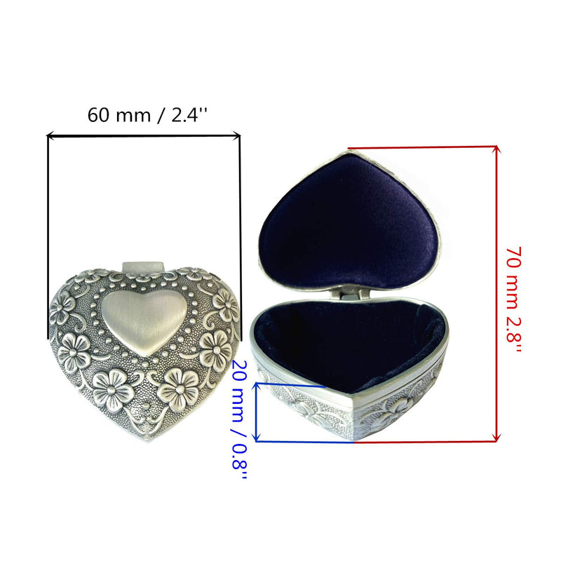 [Australia] - TANG SONG 2 Packs Small Metal Heart Shape Jewelry Box Classic Vintage Antique Ring Box Trinket Storage Organizer Chest (Silver) 