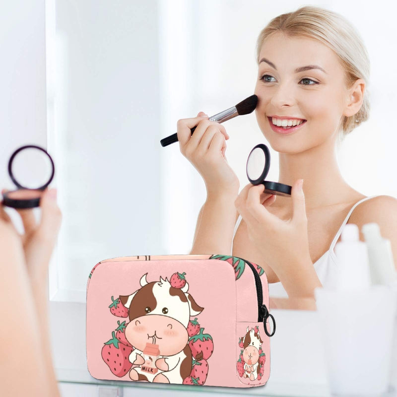 [Australia] - Strawberry Cow Pattern Cosmetic Travel Bag Large Capacity Reusable Makeup Pouch Toiletry Bag For Teen Girls Women 18.5x7.5x13cm/7.3x3x5.1in 