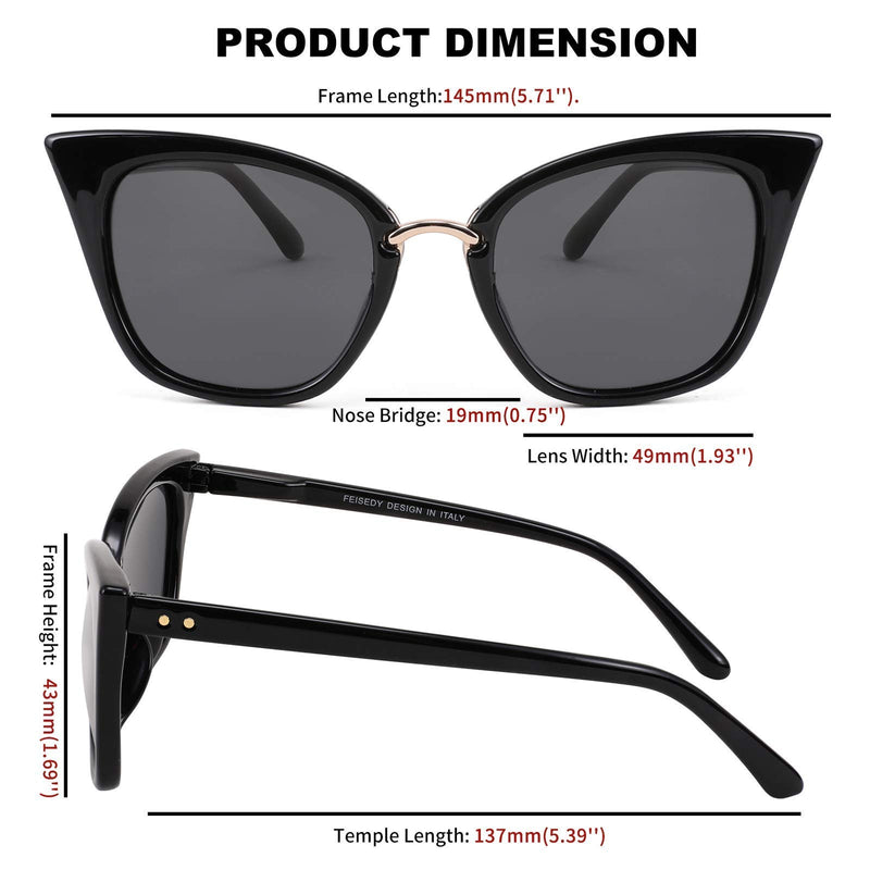 [Australia] - FEISEDY Women Cat Eye Polarized Sunglasses Classic UV400 Sun Glasses Double Metal Studs B2707 001 Bright Black 49 Millimeters 