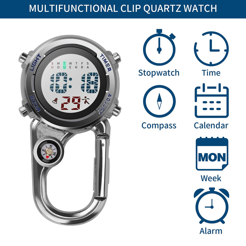 [Australia] - Aceshop Carabiner Watch Digital Clip on Quartz Watch Multifunctional Carabiner FOB Watch Luminous Face Compass Carabiner Watch with Compass for Doctors Nurses Paramedics Chefs Sport Unisex Blue 