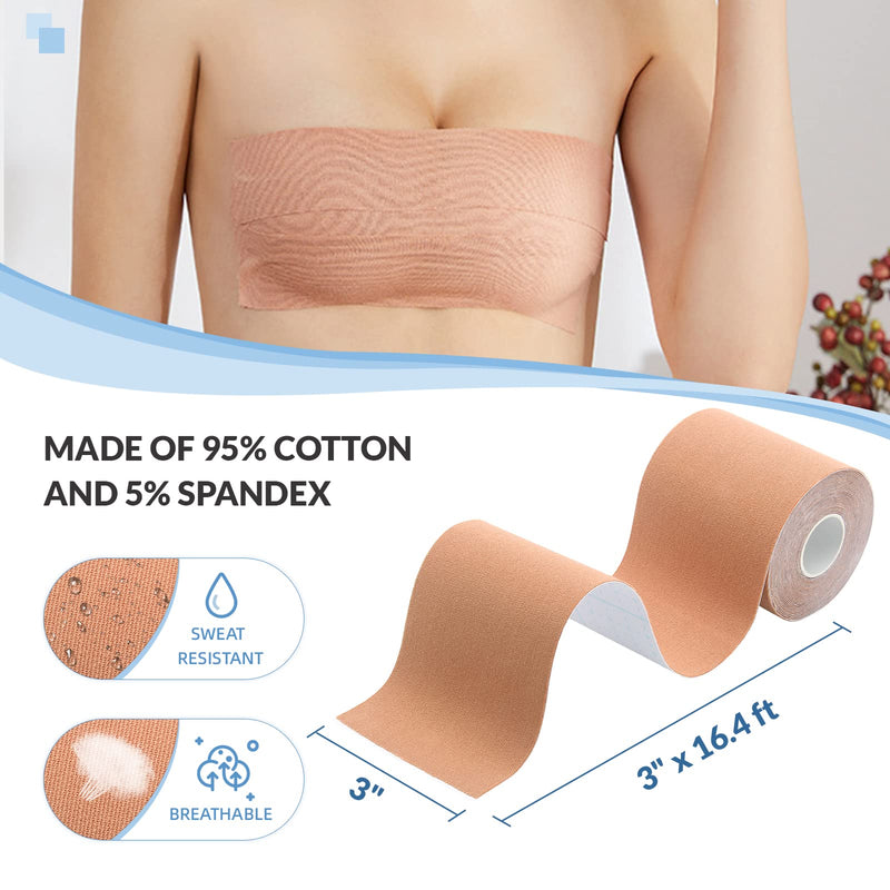 [Australia] - Boob Tape - Breast Lift Tape, Body Tape for Breast Lift w 2 Pcs Silicone Breast Reusable Adhesive Bra, Bob Tape for Large Breasts A-G Cup, Beige 3" 