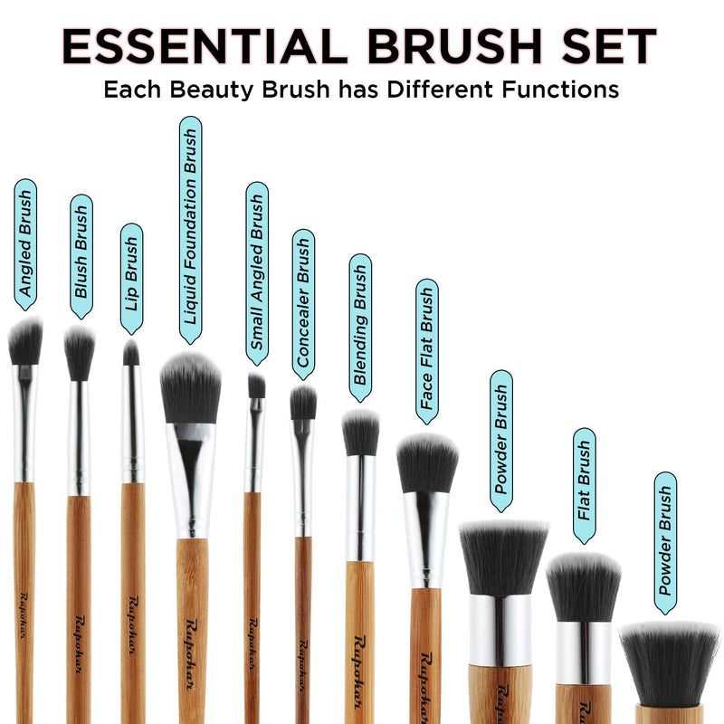 [Australia] - Rupokar Bamboo Handle Makeup Brush Set 11Pcs Eco-Friendly Soft Synthetic Foundation Powder Blending Conceal Eye shadows Blush Cosmetics Brushes Attractive PU Leather Bag Designed In USA 