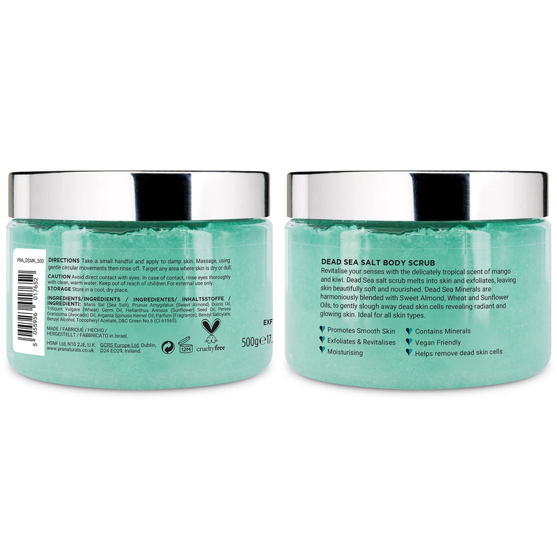 [Australia] - PraNaturals Revitalising Dead Sea Body Scrub 500g, Nourishing Skin Exfoliating Salt Scrub, Rich in Natural Minerals for All Skin Types, Enriched with Mango & Kiwi Fruit Scent 