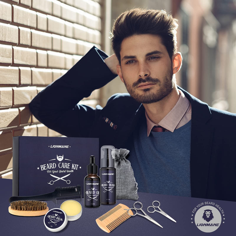 [Australia] - LIONMANE Beard Care Kit for Men, Beard Grooming Kit- Beard Balm, Beard Wash & Oil, Comb, Brush, Scissors, Hair Thinning Comb,Anniversary Birthday Thanksgiving Christmas Gifts for Husband/Boyfriend/Dad Set A 