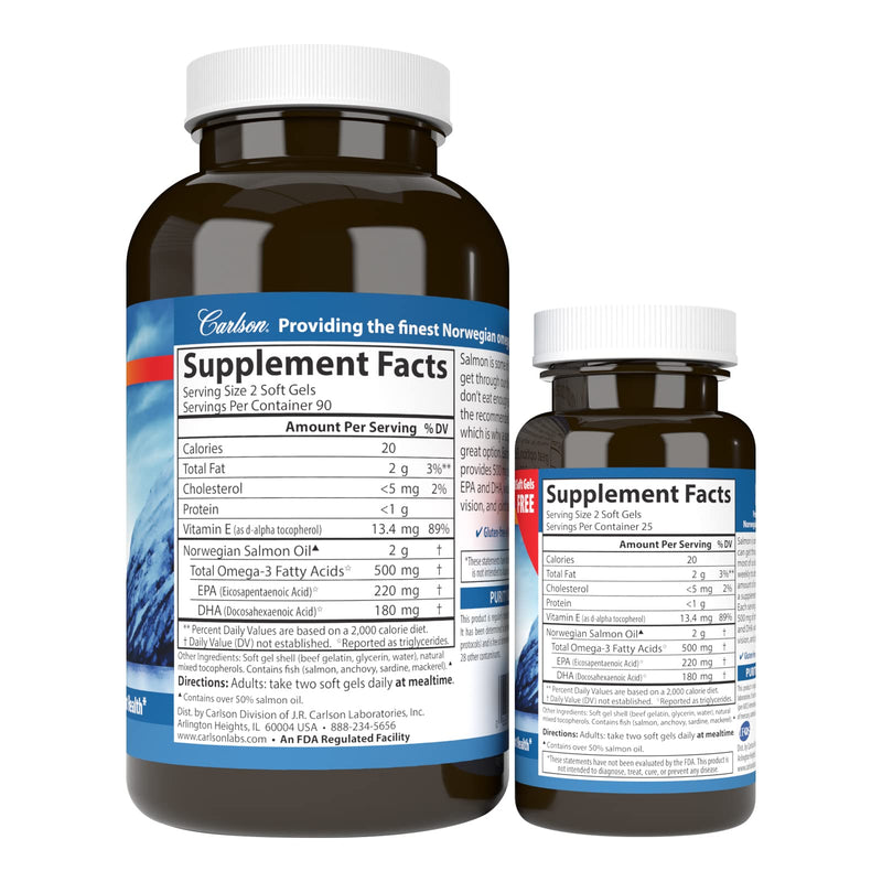 [Australia] - Carlson - Norwegian Salmon Oil, 500 mg Omega-3s, Norwegian Salmon Oil Supplement, Wild Caught Omega 3 Salmon Oil Capsules, Sustainably Sourced, Brain, Heart & Joint Health, 180+50 Softgels 230 Count (Pack of 1) 