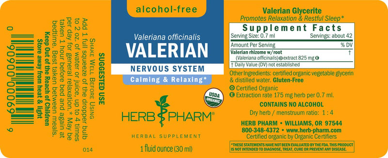 [Australia] - Herb Pharm Certified Organic Valerian Root Liquid Extract for Relaxation and Restful Sleep, Alcohol-Free Glycerite, 1 Ounce 1 Fl Oz (Pack of 1) 