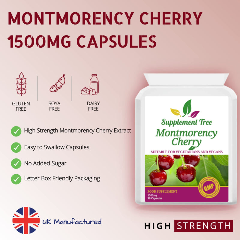 [Australia] - Montmorency Cherry Capsules 1500mg - 90 Vegan Capsules - High Strength Pure Freeze Dried Cherry Powder Extract - 3000mg Per Daily Serving - UK Manufactured 