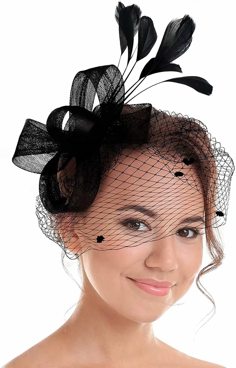 [Australia] - Orcle Fascinators Veil Derby Hat Tea Party Headwear Mesh Feathers Hair Clip and Lace Gloves #1black 