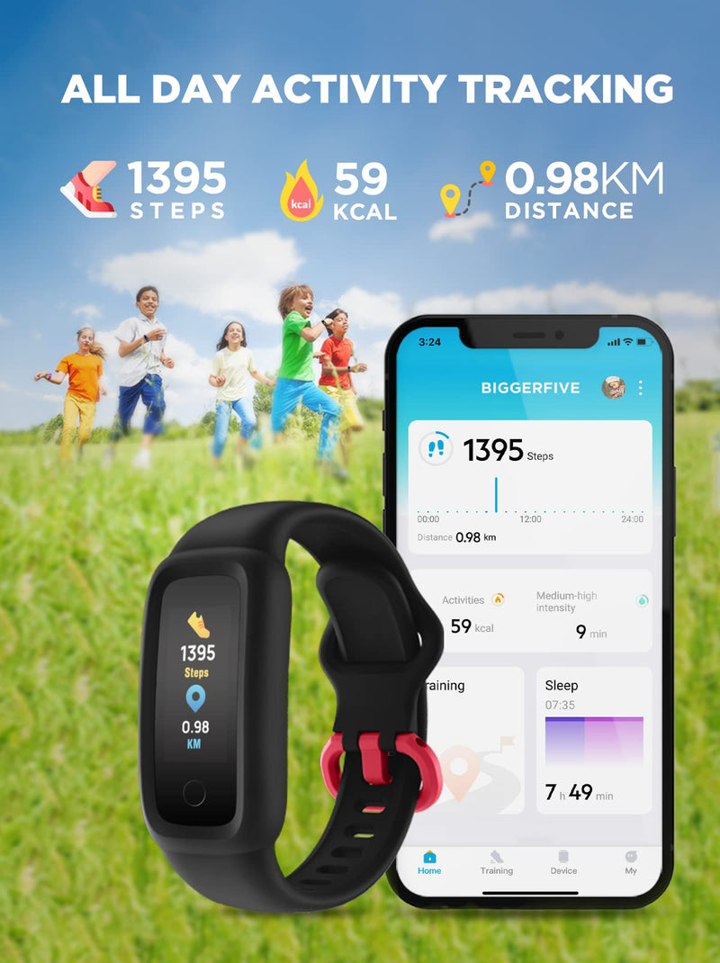 [Australia] - BIGGERFIVE Vigor 2 Kids Fitness Tracker Watch for Girls Boys Ages 5-12, IP68 Waterproof, Activity Tracker, Pedometer, Heart Rate Sleep Monitor, Calorie Step Counter Watch Black 
