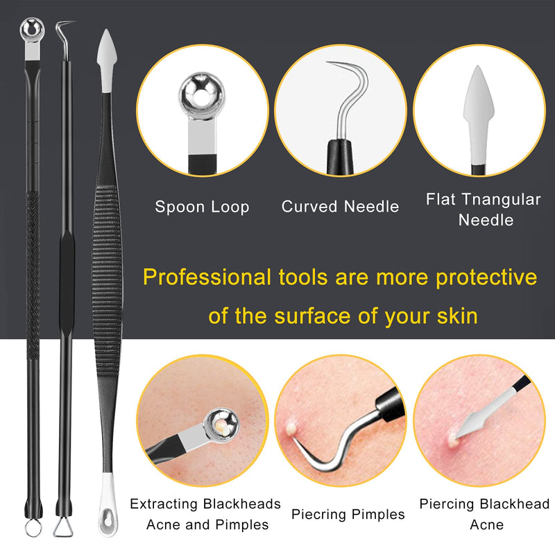 [Australia] - Boxoyx Pimple Popper Tool Kit - 10Pcs Blackhead Remover Comedone Extractor Tool Kit with Metal Case for Quick and Easy Removal of Pimples, Blackheads, Zit Removing, Forehead, Facial and Nose(Black) 