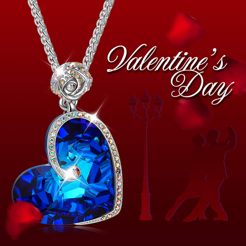 [Australia] - J.NINA ✦Aphrodite✦ Christmas Jewelry Gifts for Women Blue Rose Heart Necklace with Bermuda Blue Crystals from Swarovski White-Gold Plated Birthday Jewelry Gifts for Her Girlfriend Blue Heart Necklace For Christmas Day Gift 