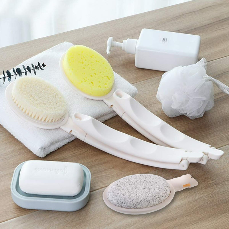 [Australia] - Bath Brush Body Brush 3 in 1 Long Handle Foldable Shower Brush Back Scrubber with Brush Sponge Pumice Head for Bath and Shower Dry Skin Exfoliating 