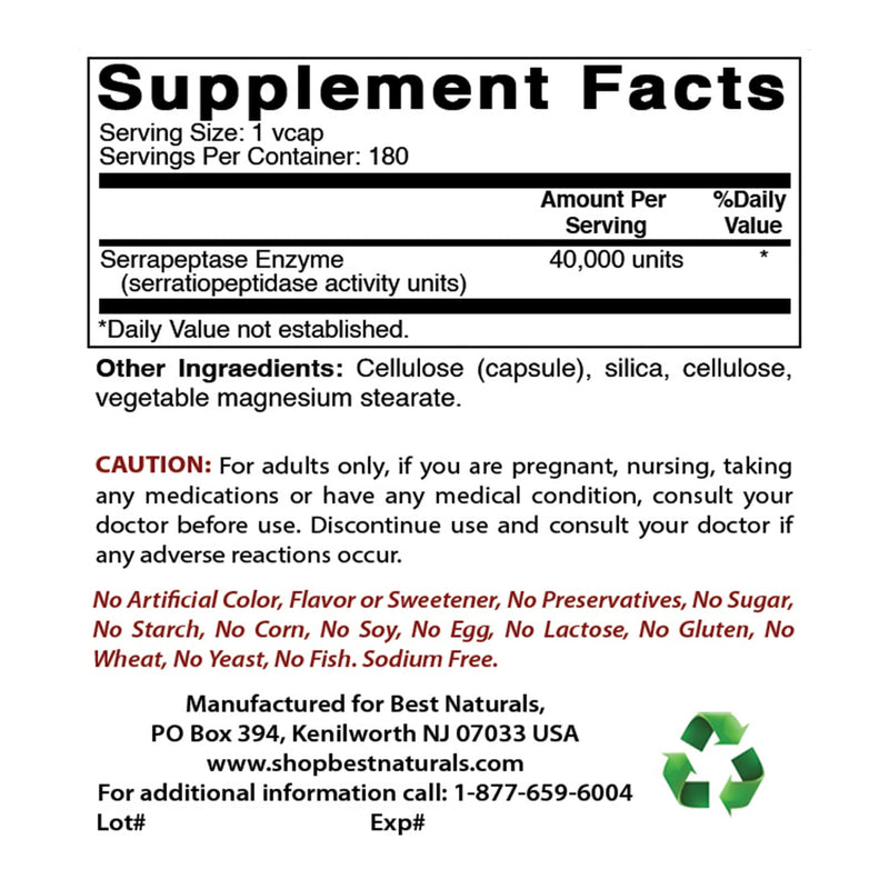 [Australia] - Best Naturals Serrapeptase 40000 SPUs 180 Capsules (180 Count (Pack of 2)) 180 Count (Pack of 2) 