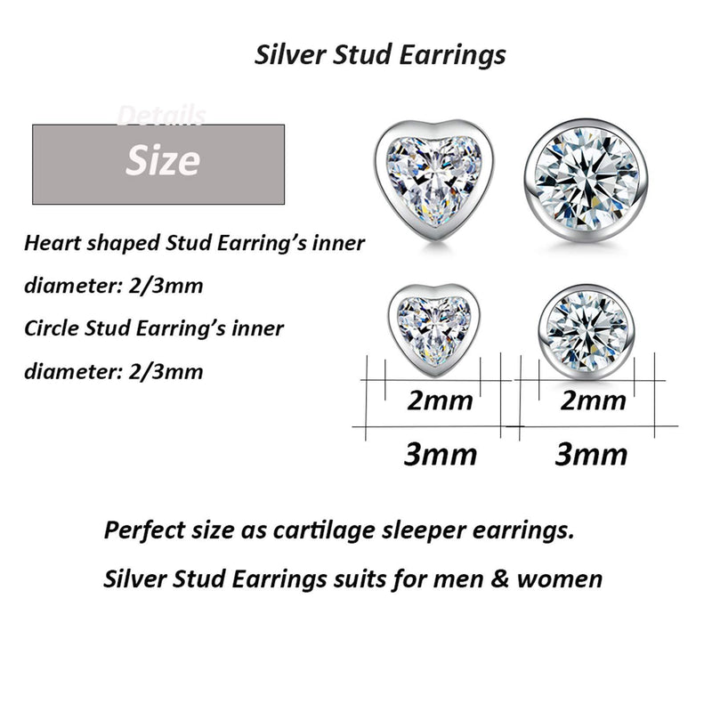 [Australia] - Tiny Sterling Silver Stud Earrings for Women- 4 Pairs Cubic Zirconia Heart and Circle Hypoallergenic Cartilage Stud Earrings Set Ear Piercing Jewellery for Women Girls Men Teen (2mm/2mm/3mm/3mm) 