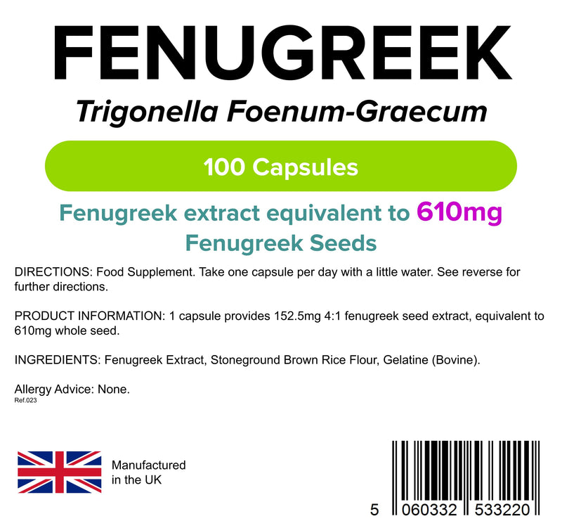 [Australia] - Lindens Fenugreek 610mg - 100 Capsules | Rich in Saponins (3+ Months Supply), UK Made | Natural Herbal Food Supplement in Rapid Release, Easy to Swallow Capsule, Letterbox Friendly 