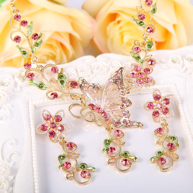 [Australia] - EleQueen Women's Austrian Crystal Butterfly Flower Leaf Necklace Earrings Set Gold-Tone Pink 