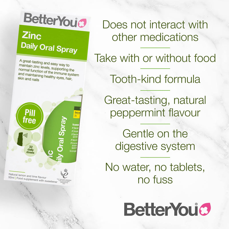 [Australia] - Zinc Daily Oral Spray, Pill-Free Zinc Supplement for Immune System Support, 1 Month Supply, Made in The UK by BetterYou, Natural Lemon and Lime Flavour, 50ml 