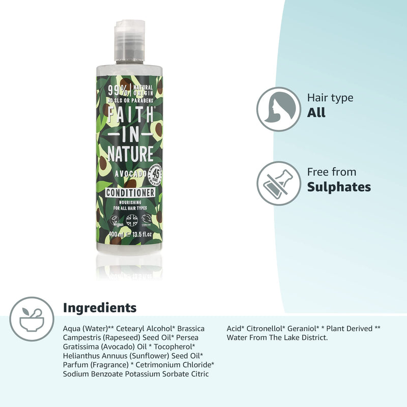 [Australia] - Faith In Nature Natural Avocado Conditioner, Nourishing, Vegan and Cruelty Free, No SLS or Parabens, For All Hair Types, 400 ml Conditioner Avocado 