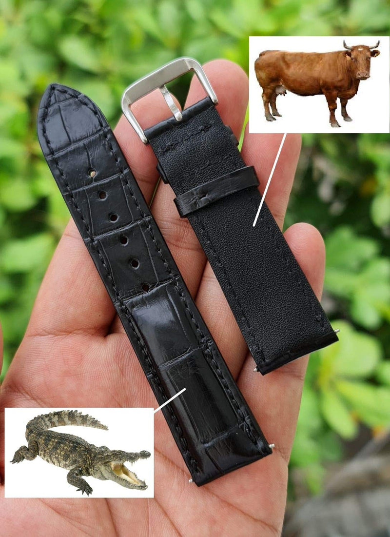 [Australia] - Crocodile Watch Strap Band Belly or Hornback Handmade by Vietnamese 18mm 19mm 20mm 21mm 22mm 24mm CROC Black #1 