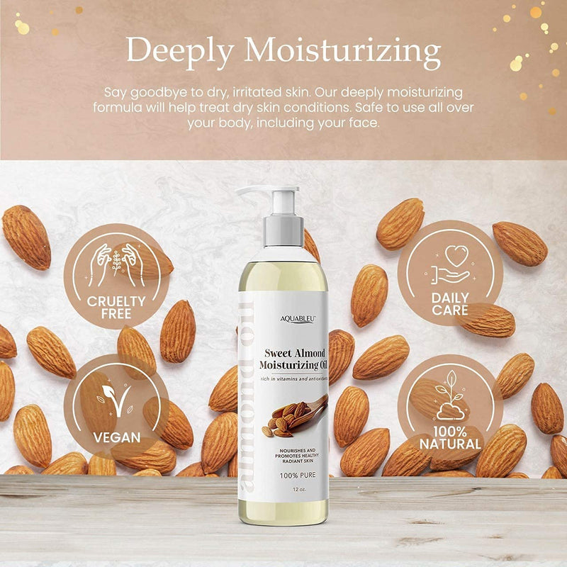 [Australia] - Aquableu’s Sweet Almond Moisturising Oil – All Natural Ingredients – Deeply Moisturising and Cleansing, For Dry, Irritated Skin – Fast Absorbing – For Body and Face -Unscented – 12oz 