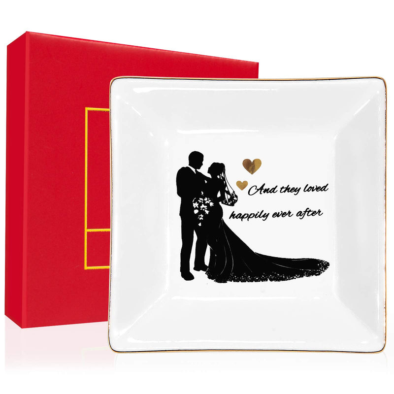 [Australia] - Kaidouma Wedding Engagement Gift for Bride or Couple Ring Trinket Dish Ceramic Decorative Jewelry Plate Valentine Anniversary Christmas Gifts for Women - and They Loved Happily Ever After 