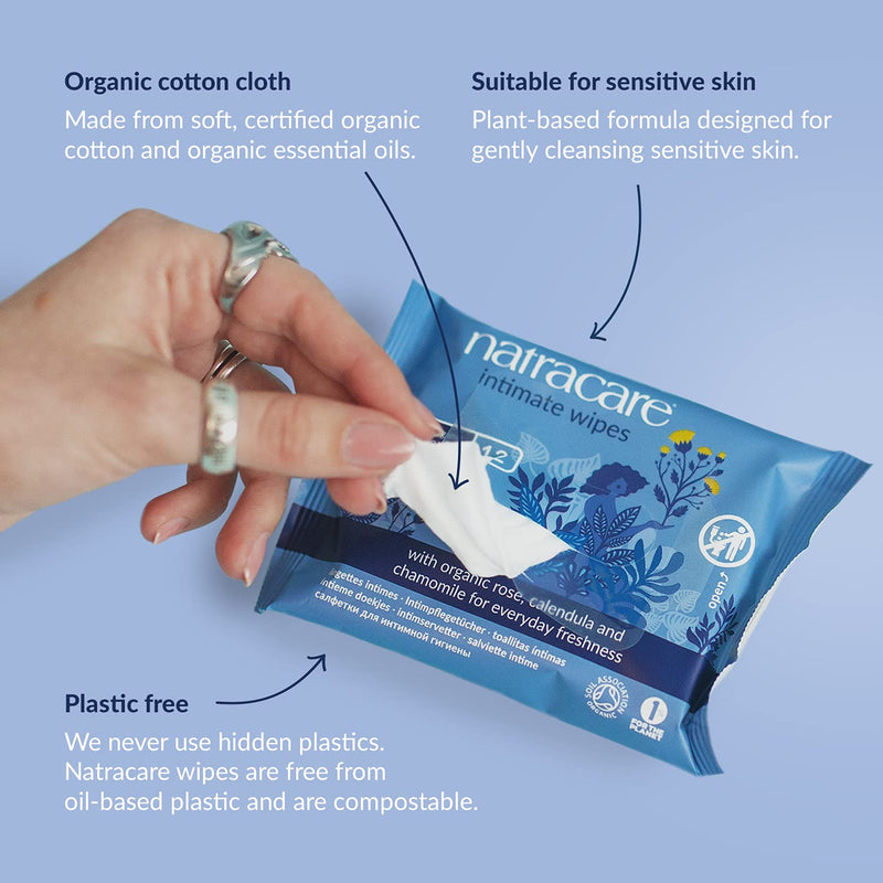 [Australia] - Natracare Organic Cotton Intimate Wipes Infused with Organic Essential Oils of Chamomile, Calendula and French Rose, 12 Wipes per Pack (1 Pack, 12 Wipes Total) 12 Count (Pack of 1) 