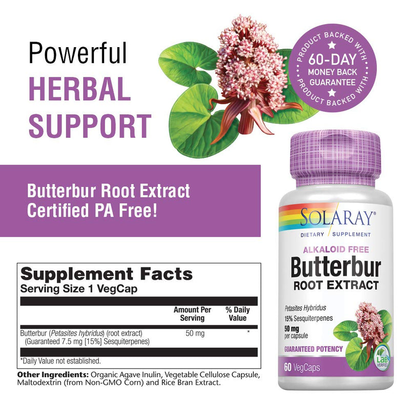 [Australia] - Solaray Butterbur Root Extract 50mg | Support for Healthy Vascular Smooth Muscle, Blood Flow, Respiratory Function & Urinary System Health | 60ct 