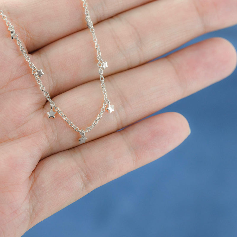 [Australia] - Columbus 14K Gold or Rhodium Plated Charm Necklace - Lightning Bolt Pendant - Star Station Necklace - Dainty Layering Necklace Tiny Silver Star 