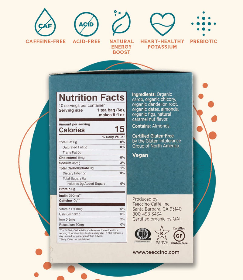 [Australia] - Teeccino Dandelion Tea – Caramel Nut – Rich & Roasted Herbal Tea That’s Caffeine Free & Prebiotic with Detoxifying Dandelion Root, 10 Tea Bags 