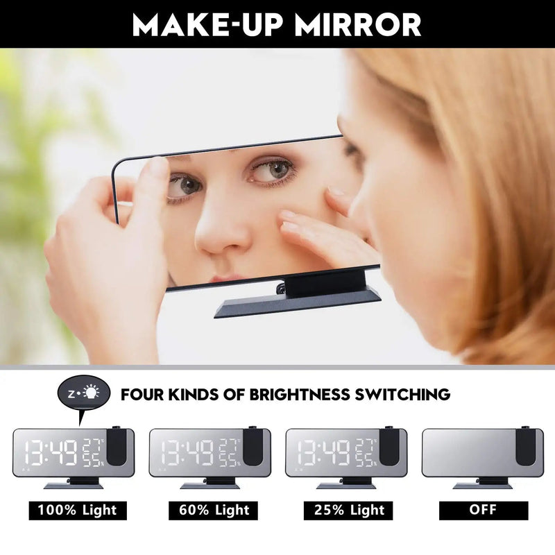 [Australia] - Projection Digital Alarm Clock for Bedrooms, Radio Alarm Clock on Ceiling, USB Charger Port, Temperature & Humidity Display, 7.3” Large Mirror LED Display,12/24H,Snooze,Dual Loud Alarm Clock- 4 Dimmer Black 