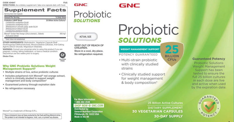 [Australia] - GNC Probiotic Solutions Weight Management Support with 25 Billion CFUs | Contains Clinically Studied Strains of Live, Active Probiotic Cultures, Vegetarian, Gluten Free, | 30 Capsules 