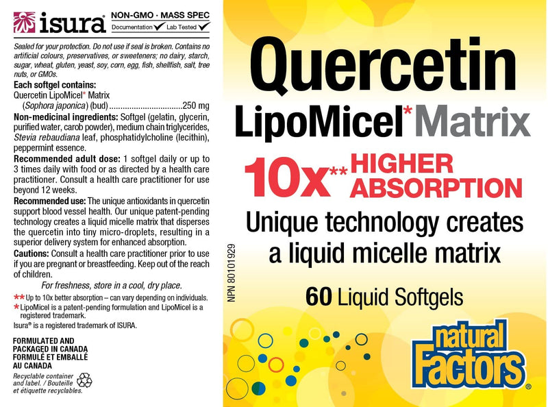 [Australia] - Natural Factors, Quercetin LipoMicel Matrix 250 mg, 60 Softgels 60 Count (Pack of 1) 