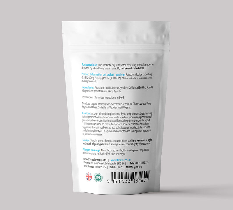 [Australia] - Iodine 150mcg 120 Tablets | High Strength Natural Source of Iodine from Potassium Iodide | Pregnancy Health & Thyroid Supplement | Vegan | UK Made | Fmax5 Supps 