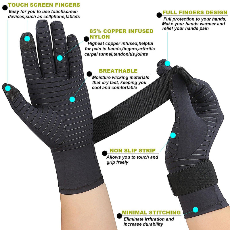 [Australia] - 2 Pairs Full Finger Arthritis Gloves for Women and Men, Copper Compression Gloves for Wrist Support with Adjustable Strap Small-Medium 