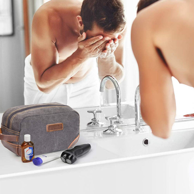 [Australia] - emissary Men's Toiletry Bag Leather and Canvas Travel Toiletry Bag Dopp Kit for Men Shaving Bag for Travel Accessories (Gray) Gray 