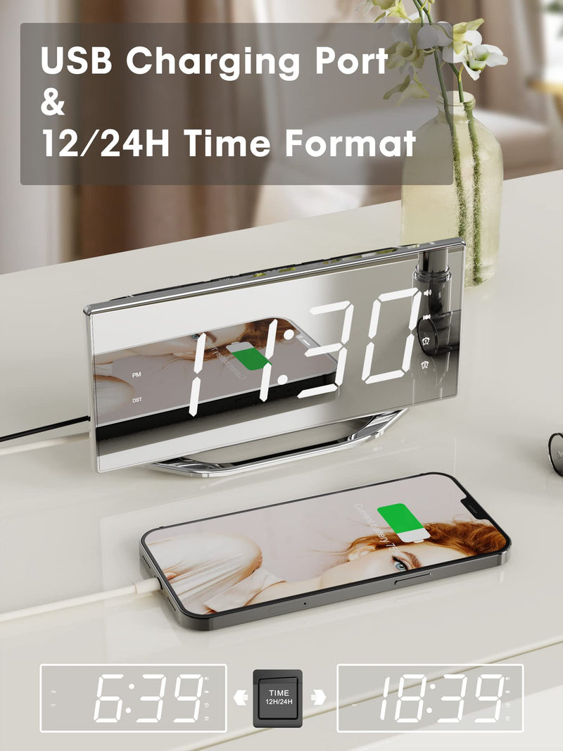 [Australia] - Extra Loud Vibrating Alarm Clock with Bed Shaker for Deep Sleepers Adult Hearing impaired Deaf, Dual Alarms Digital Clock for Bedroom,8.7'' Large Mirror LED Display,USB Charger,Battery Backup,Dimmable Silver Surface(with Bed Shaker) 