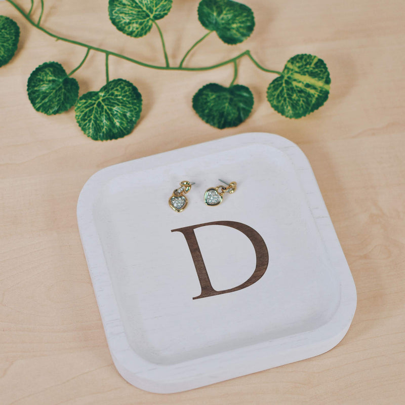 [Australia] - Solid Wood Personalized Initial Letter Jewelry Display Tray Decorative Trinket Dish Gifts For Rings Earrings Necklaces Bracelet Watch Holder (6"x6" Sq White "D") 6"x6" Sq White "D" 