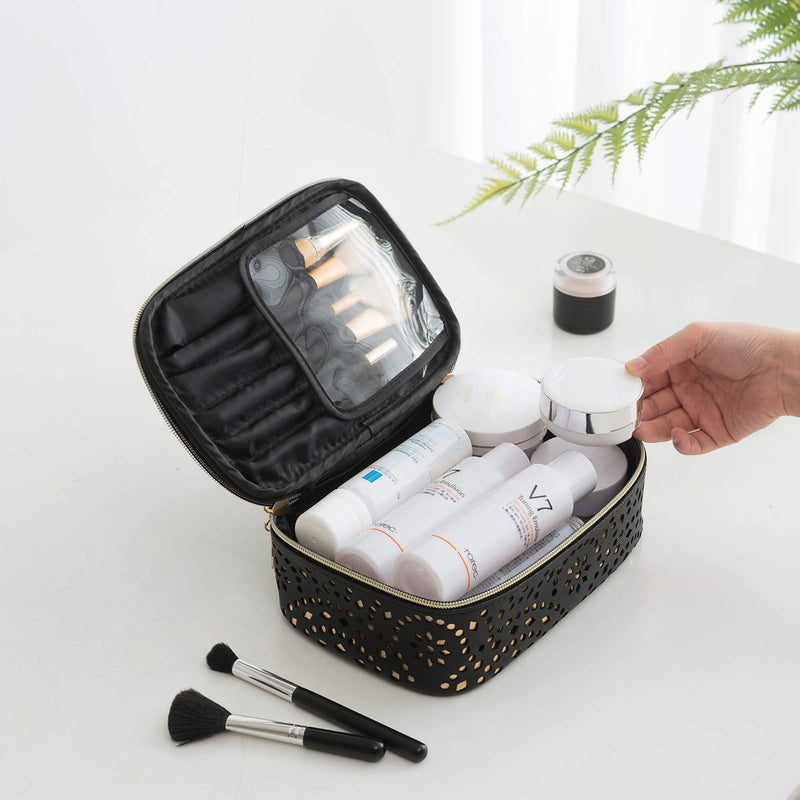 [Australia] - Makeup Bag, WuHua Gold Pattern Cosmetic Bag With Zipper,Toiletry/Travel Bag For Gril,Brushes Accessories Storage Bag,For Portable Hand Pouch Organizer Black 