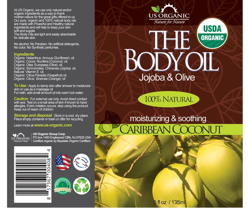 [Australia] - US Organic Body Oil-Blend of Jojoba and Olive Oil with fragrance of Smooth Caribbean Coconut-Vitamin E, USDA Certified, No Alcohol, Paraben, Artificial Detergents, Color or Synthetic perfumes, 5 Fl.oz 