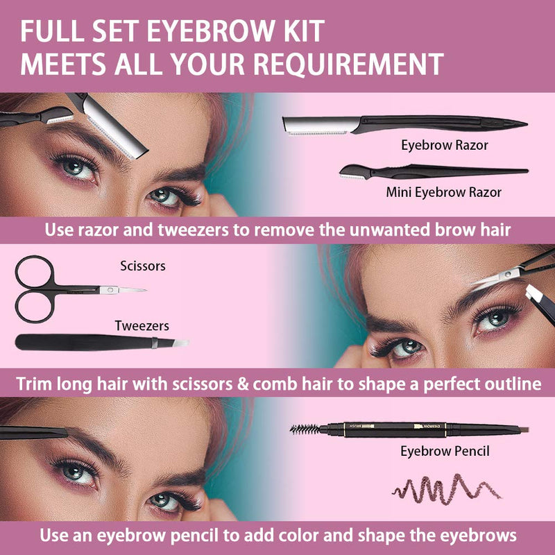 [Australia] - Eyebrow Kit, BOYI 6 in 1 Tweezers for Eyebrows, All-in-one Eyebrow Grooming Set Dermaplaning Tool Eyebrow Razor Brush Scissors Brown Eyebrow Pencil with Leather Pouch (A-Pink) A-Pink 