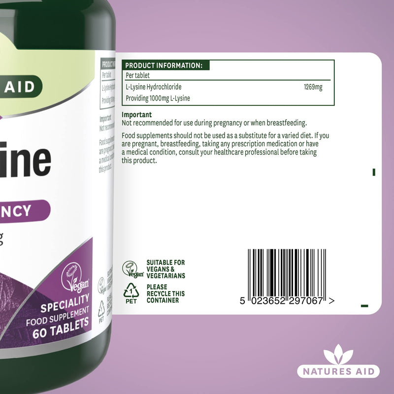 [Australia] - Natures Aid L-Lysine 1000 mg, High Potency Essential Amino Acid, Vegan, 60 Tablets 
