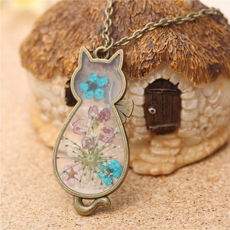 [Australia] - Jude Jewelers Retro Vintage Cat Shape Dry Flower Charm Pendant Necklace Gold 