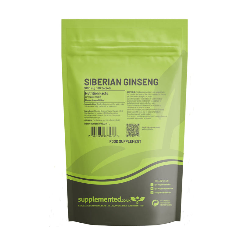 [Australia] - Siberian Ginseng 1000mg 180 Tablets Energy Supplement (Adaptogen) UK Made. Pharmaceutical Grade 