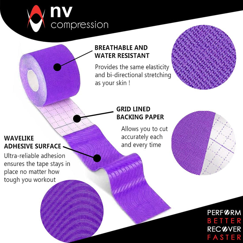 [Australia] - NV Compression Kinesiology Tape | 5m Roll of Elastic Muscle Support Tape for Exercise, Sports & Injury Recovery (Purple) Purple 