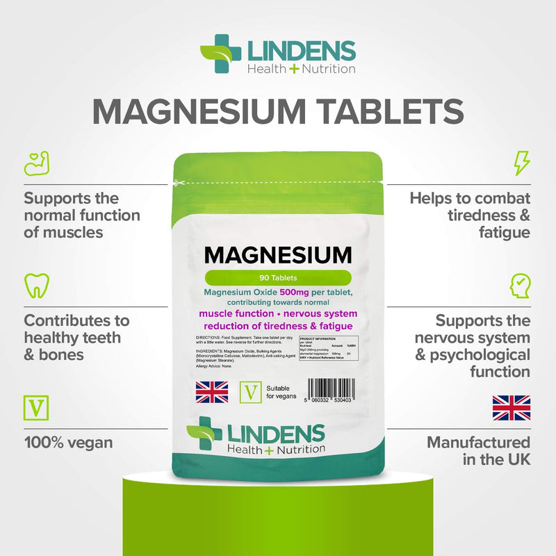 [Australia] - Lindens 500mg Magnesium Tablets | 90s 1-a-Day | Made in The UK | Tiredness, Muscle Function, Energy, Bones, Teeth, Nervous System | Letterbox Friendly | Vegan 