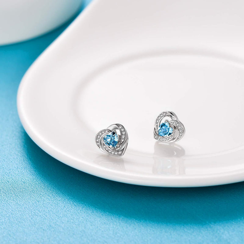 [Australia] - Sterling Silver Love Heart Stud Earrings, Birthstone Gifts for Women Girls Blue 