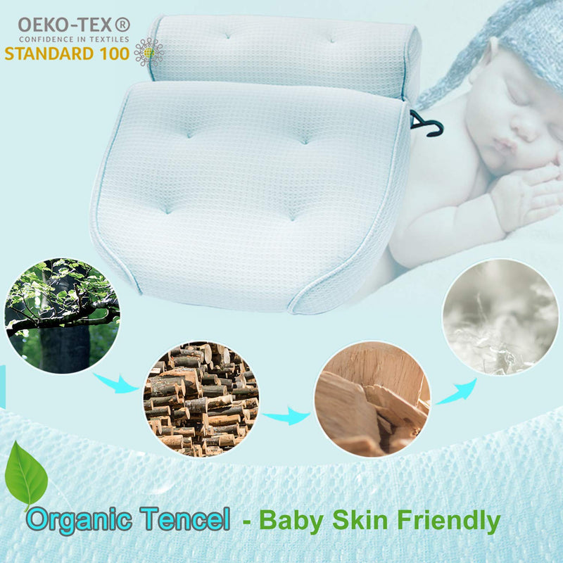 [Australia] - Idle Hippo Bath Pillow Organic Tencel Bathtub Pillow - Upgraded 3D Air Mesh Bath Pillow with Head, Neck, Back and Shoulder - Ultra Soft and Quick Dry Spa Pillow for Bathtub Light Blue 