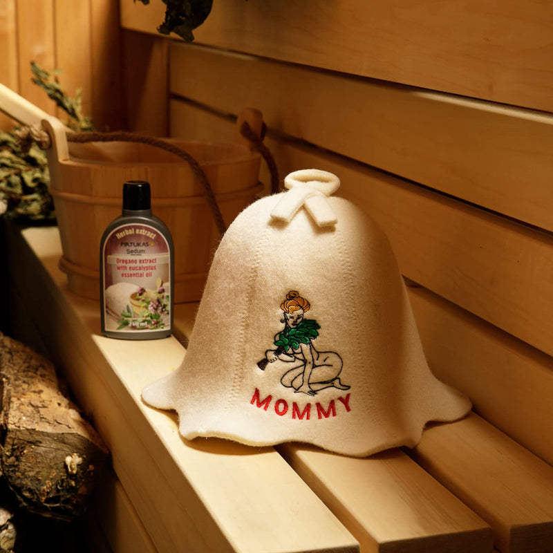 [Australia] - Natural Textile Sauna Hat 'Sauna Mommy' White - 100% Organic Wool Felt Hats for Russian Banya - Protect Your Head from Heat - English Sauna eBook Guide Included - with Embroidery 